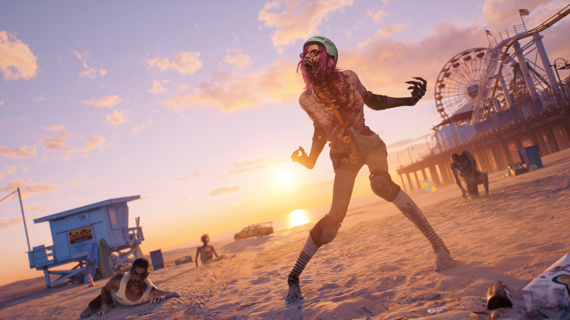 Un zombi gritando en la playa al atardecer.