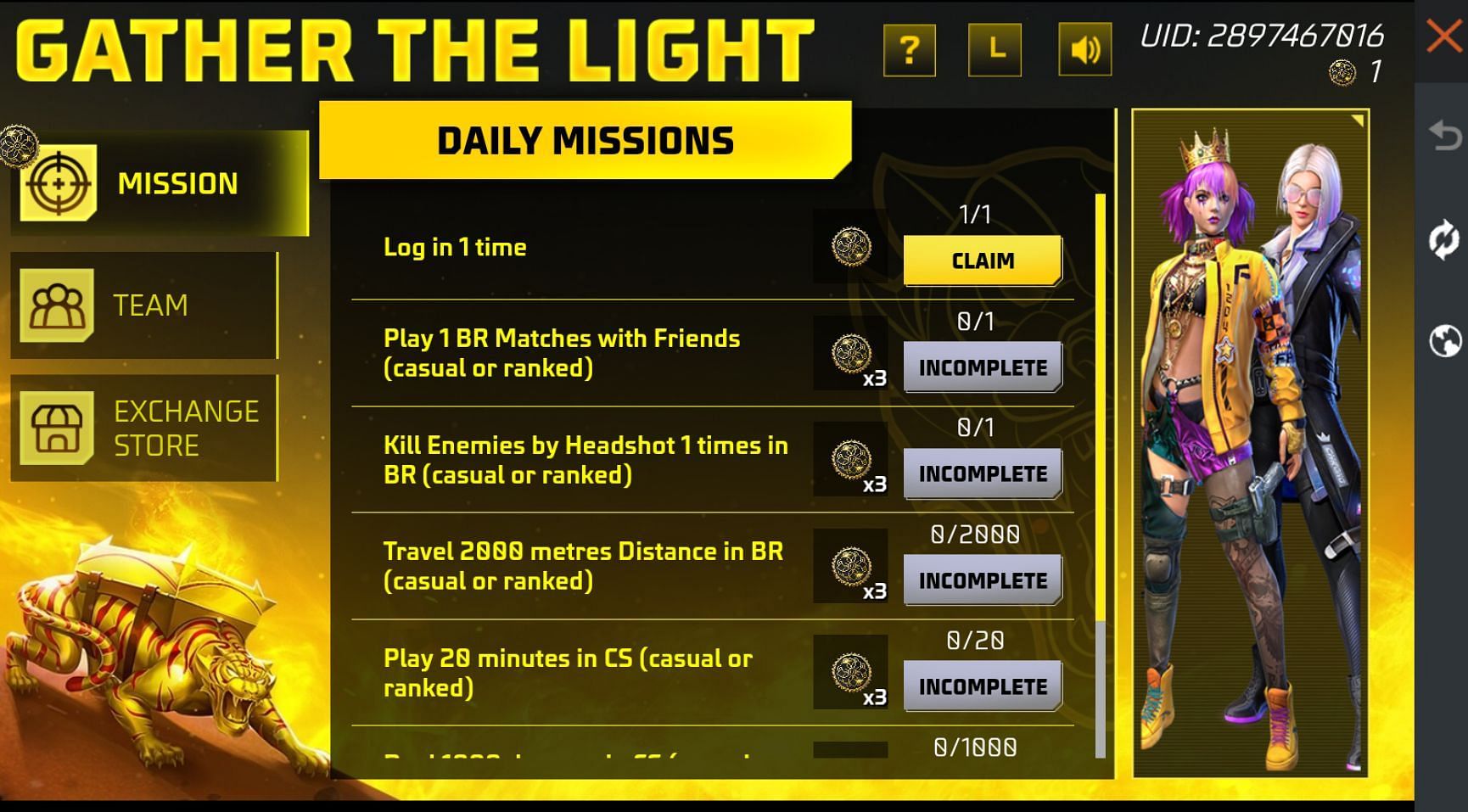 Fichas de luz al completar misiones (Imagen a través de Garena)