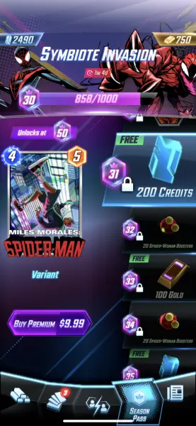 Pase de temporada de Marvel Snap Symbiote.  Algunas recompensas están bloqueadas, pero otras están etiquetadas como "libre."