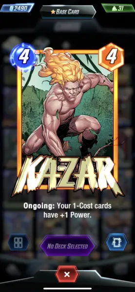 Una tarjeta en Marvel Snap con el héroe Ka-Zar en ella.