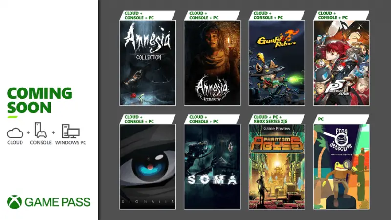 Próximamente en Xbox Game Pass este mes: Persona 5 Royal, Amnesia: Collection, Amnesia: Rebirth, Frog Detective: The Entire Mystery, Signalis, Soma, Phantom Abyss y Gunfire Reborn.