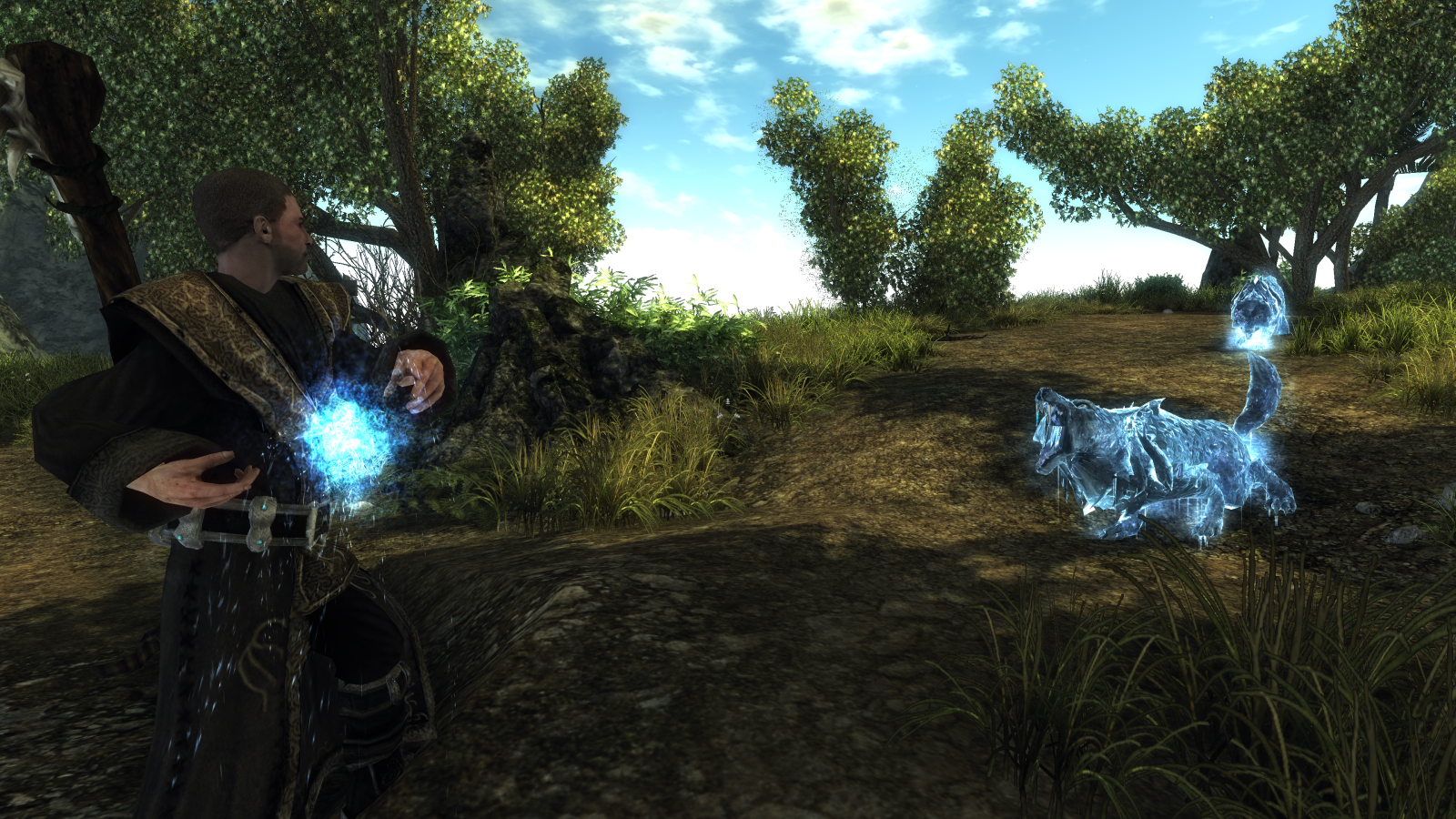 Una captura de pantalla de Risen, en la que el héroe lanza un hechizo a un enemigo.