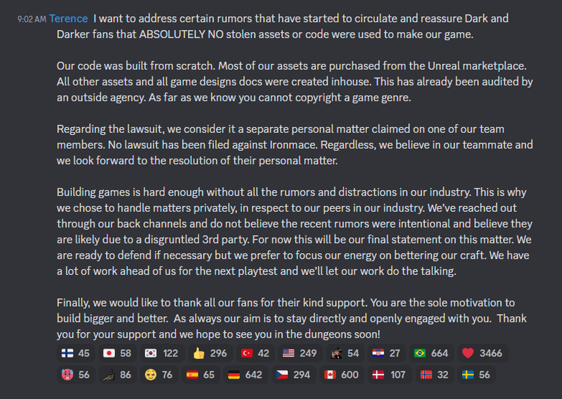 Mensaje de Ironmace Discord que niega el código Dark and Darker y el robo de activos