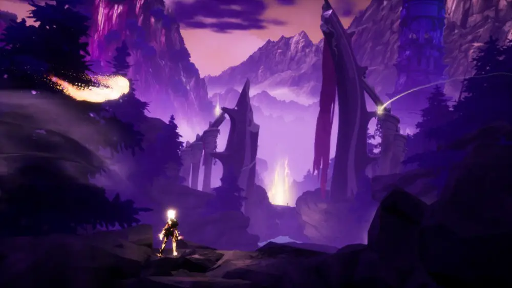 Una captura de pantalla de Strayed Lights tomada para la revisión, que muestra un hermoso paisaje.