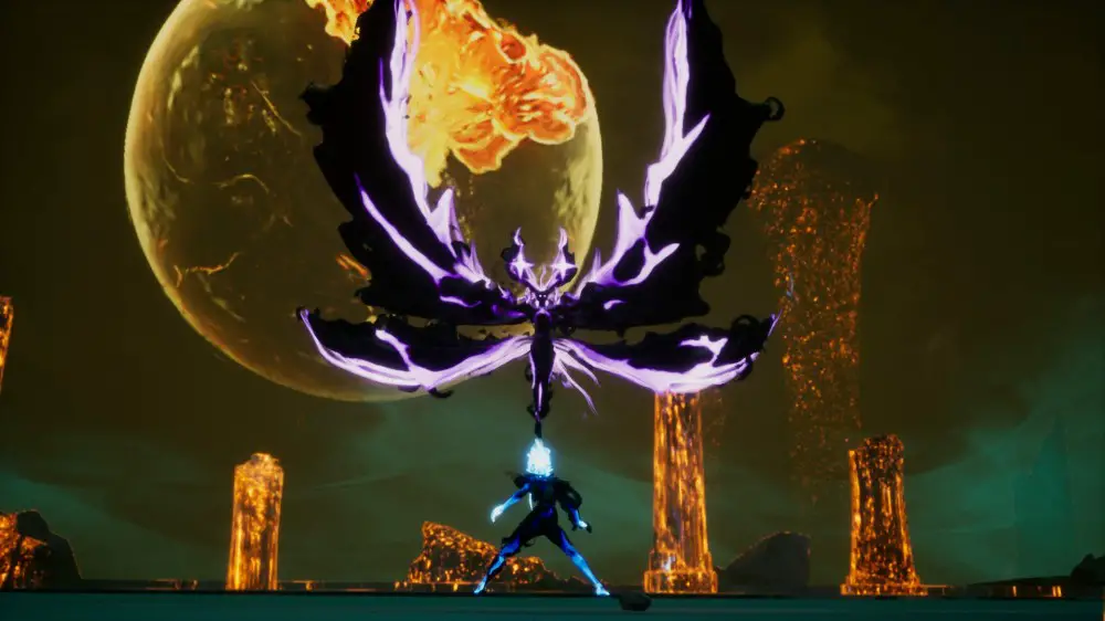 Una captura de pantalla de Strayed Lights para PC, que muestra al héroe luchando contra un enemigo alado.