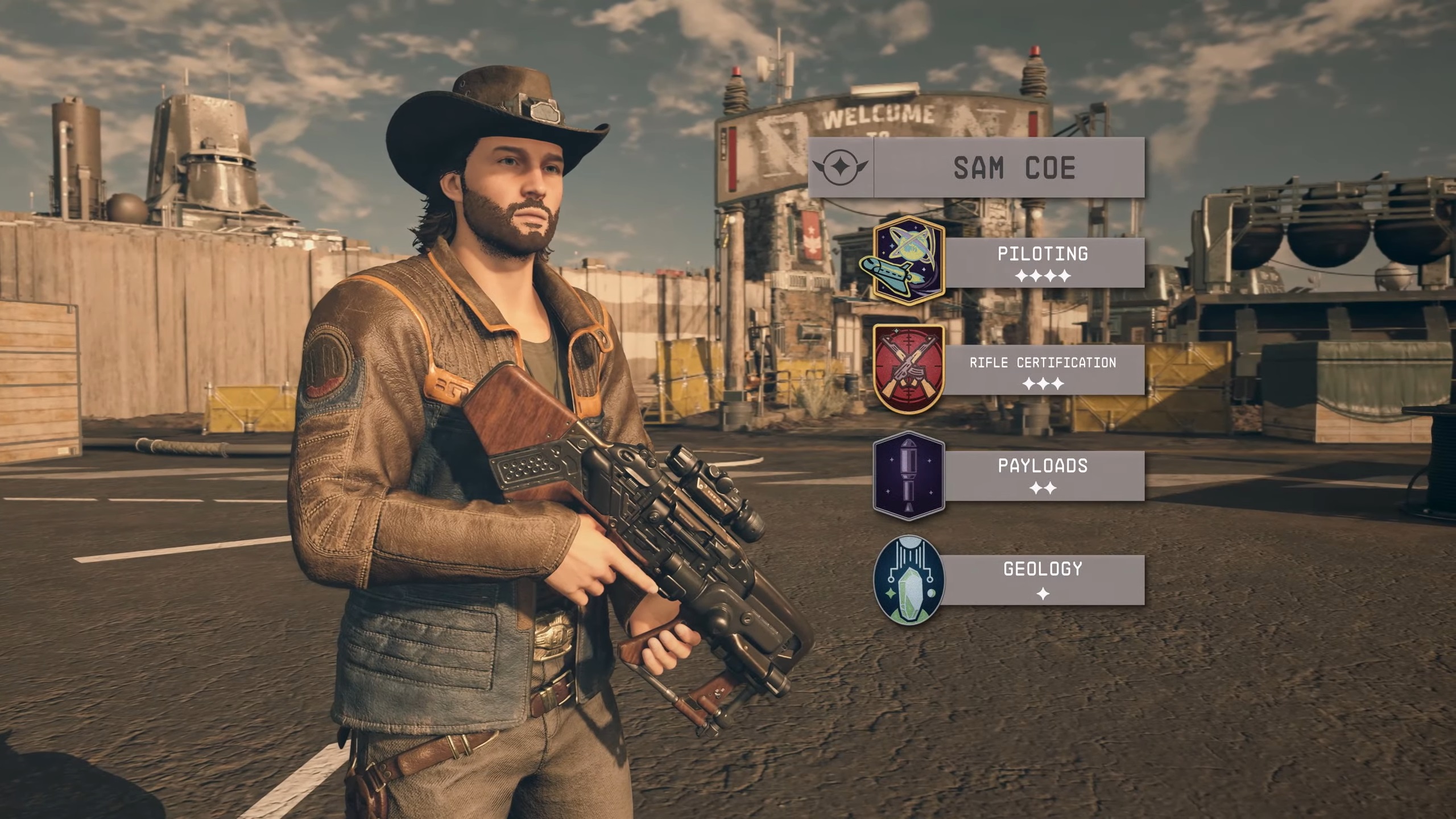 Compañeros de Starfield - Sam Coe, un hombre con vello facial y un sombrero de vaquero sostiene un arma de pie junto a una superposición que muestra sus habilidades