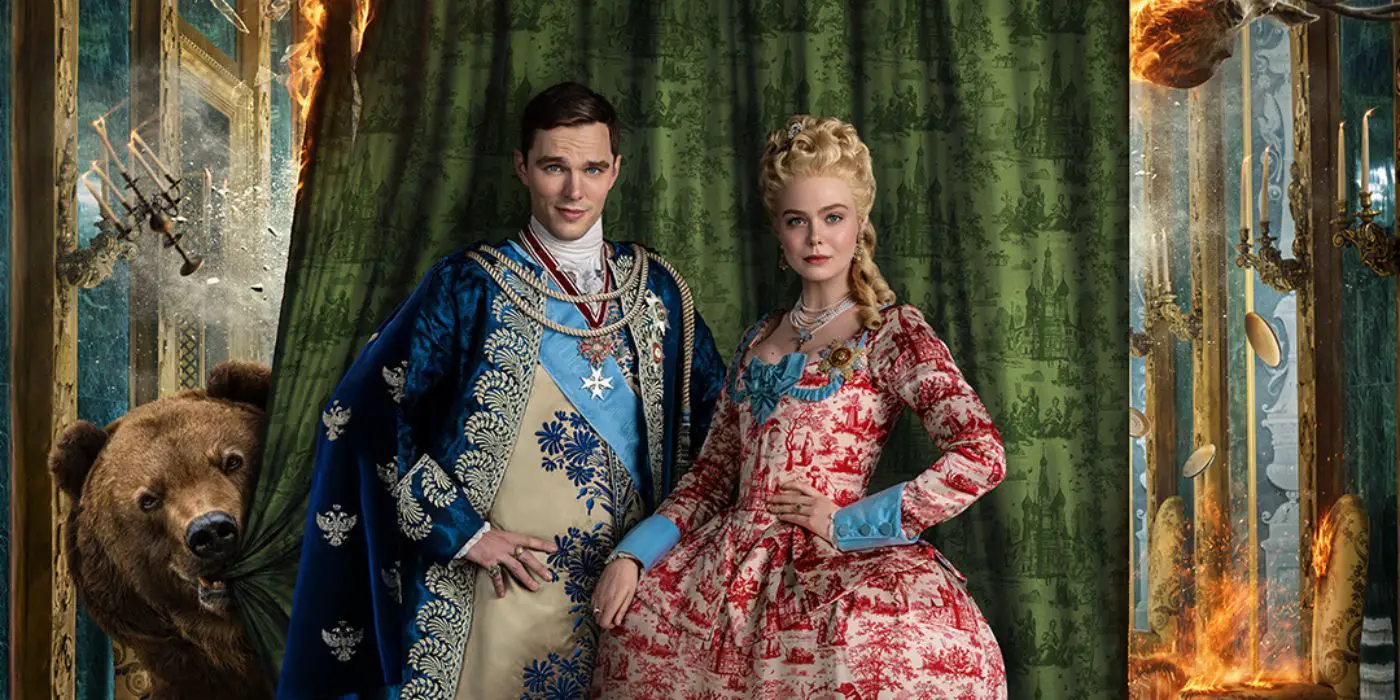Nicholas Hoult y Elle Fanning como Peter y Catherine en un póster promocional de The Great Season 3