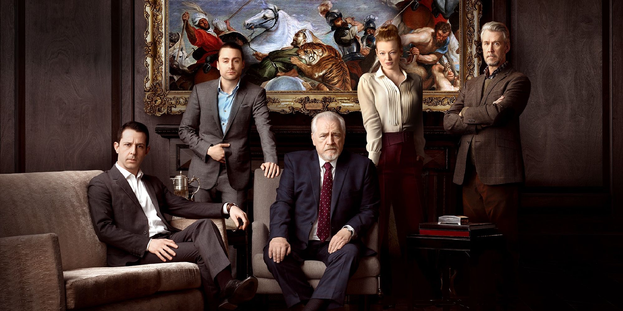 Jeremy Strong, Kieran Culkin, Brian Cox, Sarah Snook y Alan Ruck en una imagen promocional de Succession