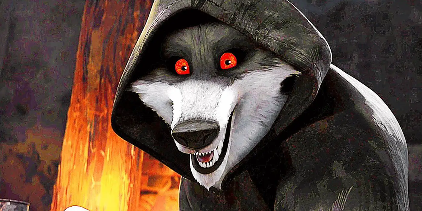 La muerte, un lobo aterrador con capucha negra y ojos rojos, sonriendo en 'El gato con botas: El último deseo'.
