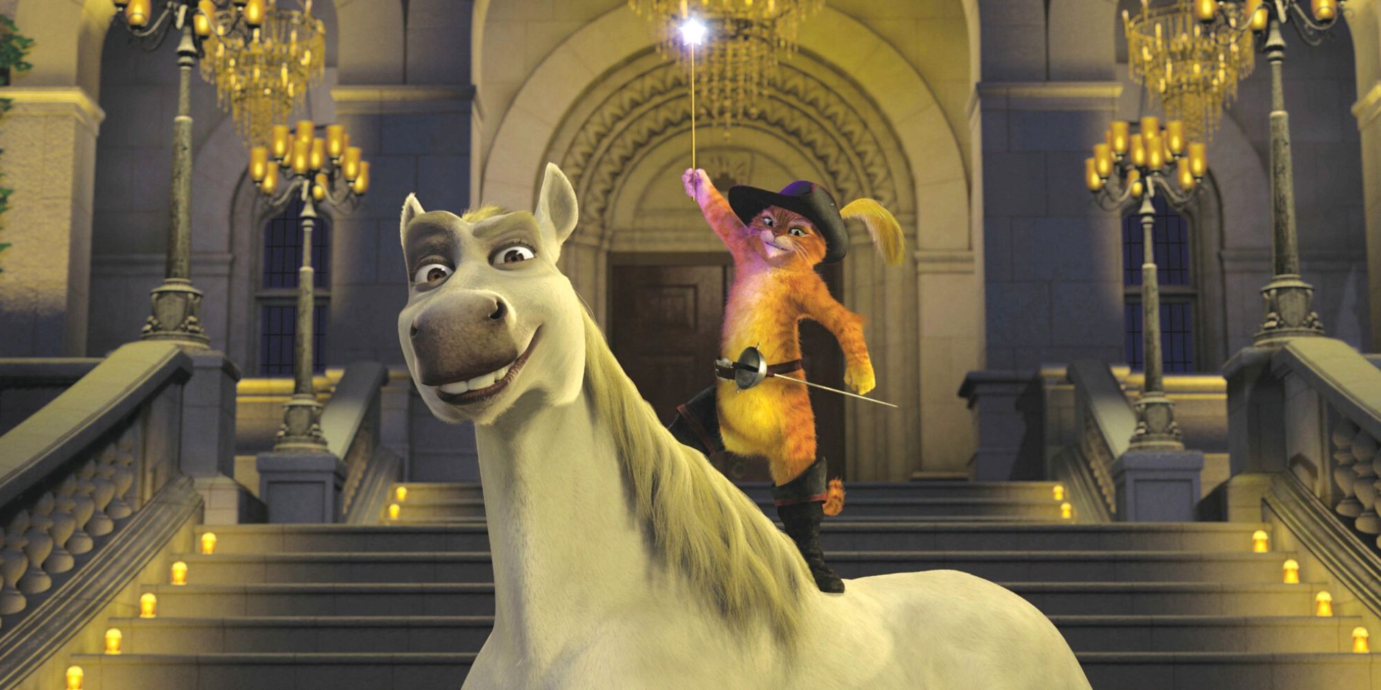 El Gato con Botas sujetando la varita mágica del hada madrina y subido a lomos de Burro convertido en caballo blanco en Shrek 2