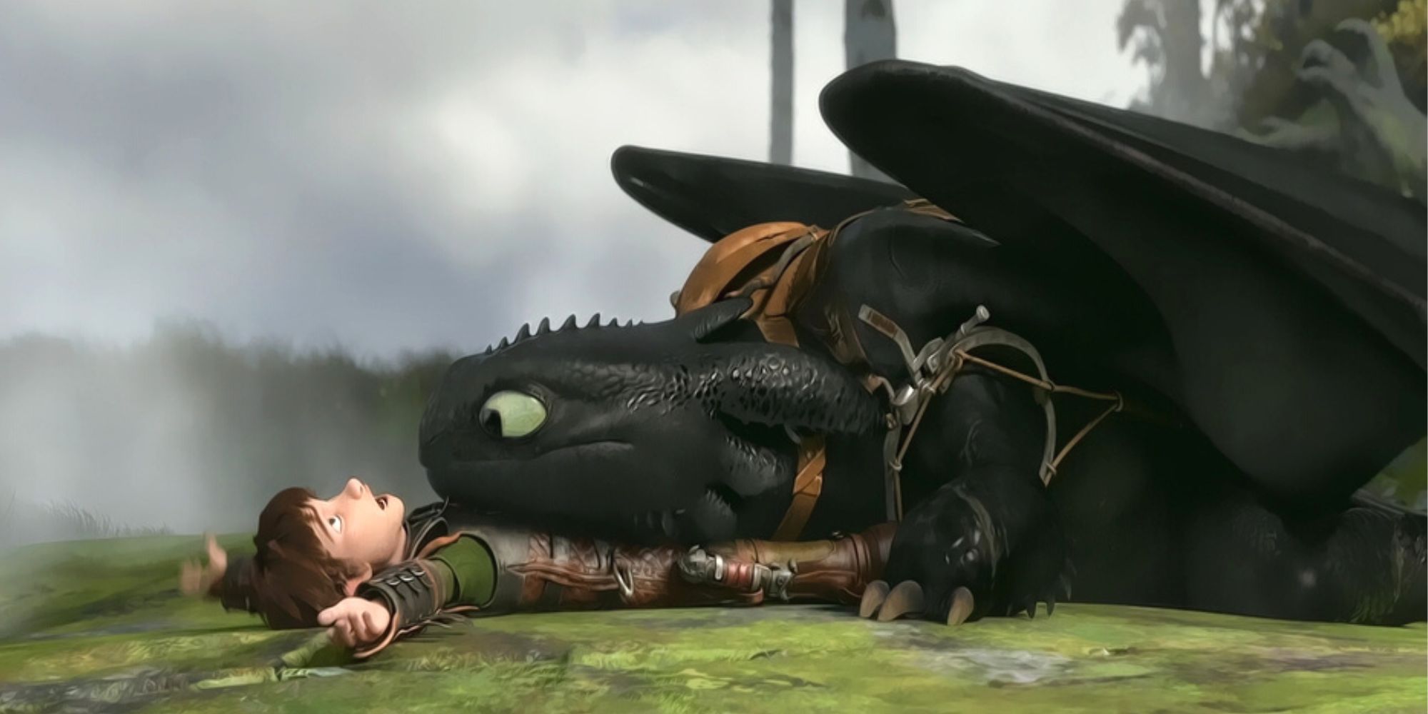 Chimuelo acostado encima de Hipo en Cómo entrenar a tu dragón 2 (2014)