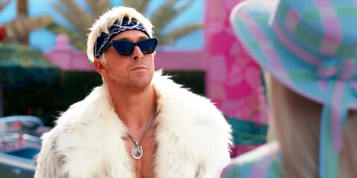 Ryan Gosling como Ken con gafas de sol y luciendo orgulloso en Barbie.
