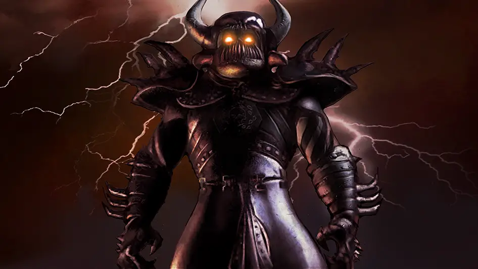 El protagonista de Baldur's Gate se yergue siniestramente con una armadura puntiaguda y relámpagos cruzando el cielo detrás de él.