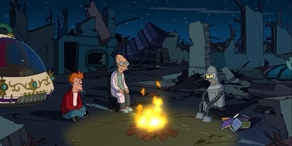 Philip Fry, Bender y Hubert Farnsworth se sientan juntos en el apocalipsis 