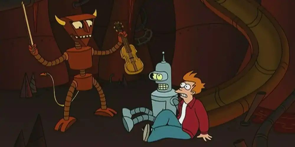 Fry y Bender se encuentran con Robot Devil en Robot Hell