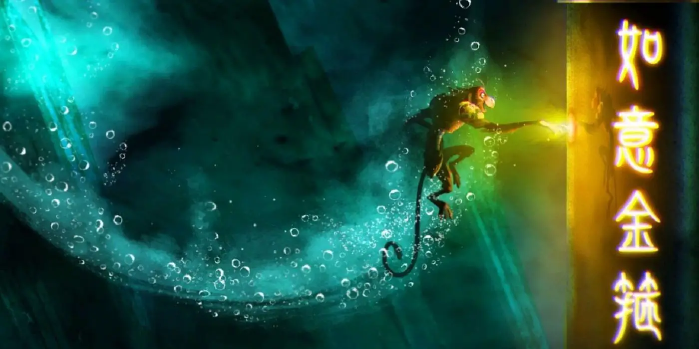 Un fotograma de El Rey Mono con el personaje principal bajo el agua. 
