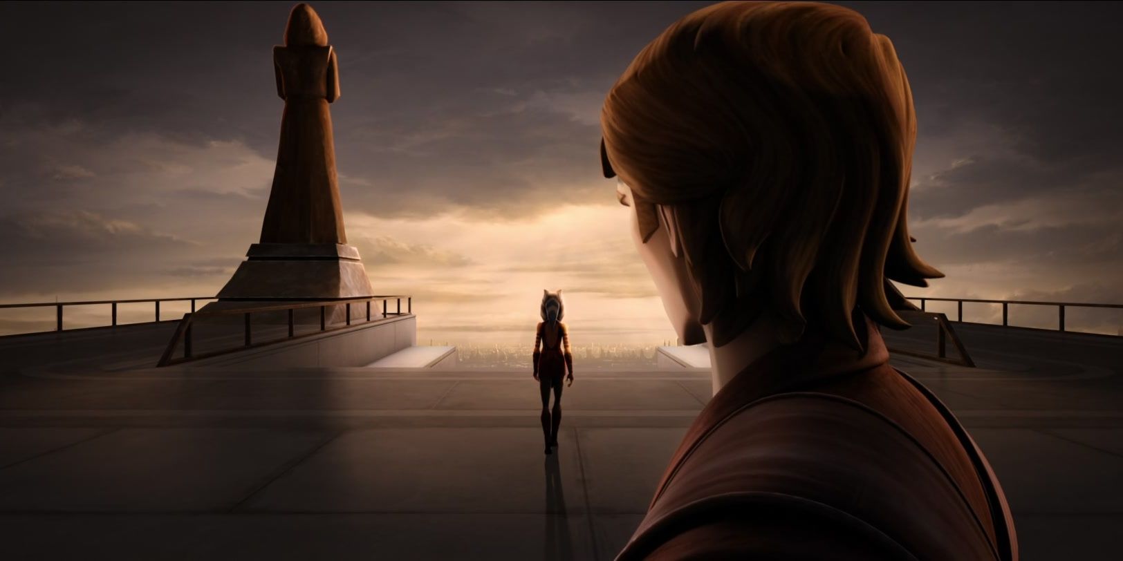 Ahsoka Tano, de espaldas a Anakin, deja la Orden Jedi de cara al sol.