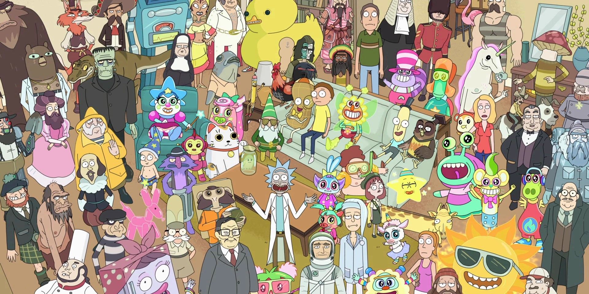 Los personajes de Rick y Morty rodeados de coloridos personajes en 'Total Rickall'