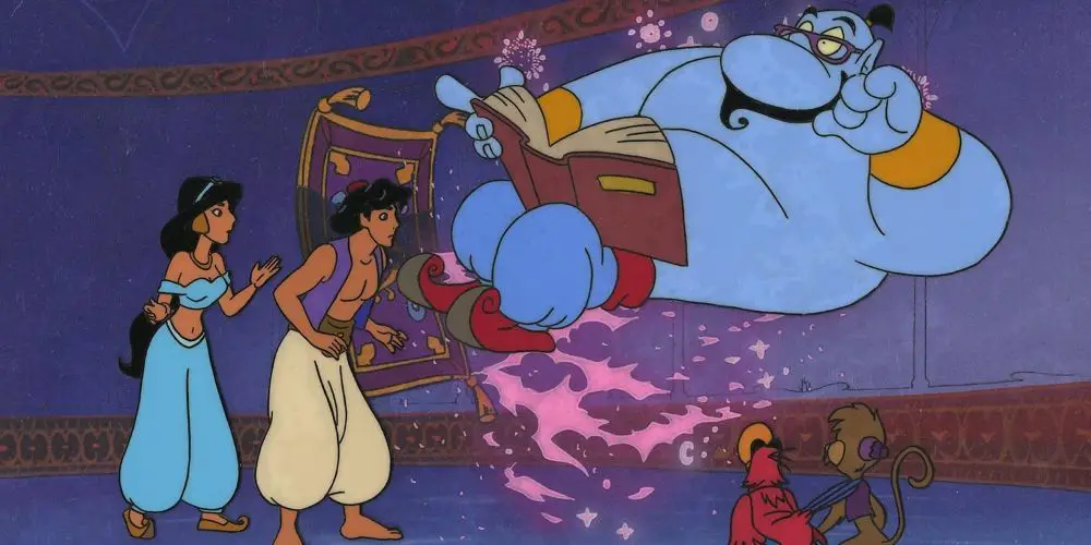 Aladdin, Jasmine, Genie, Abu, Iago y Carpet de la serie animada