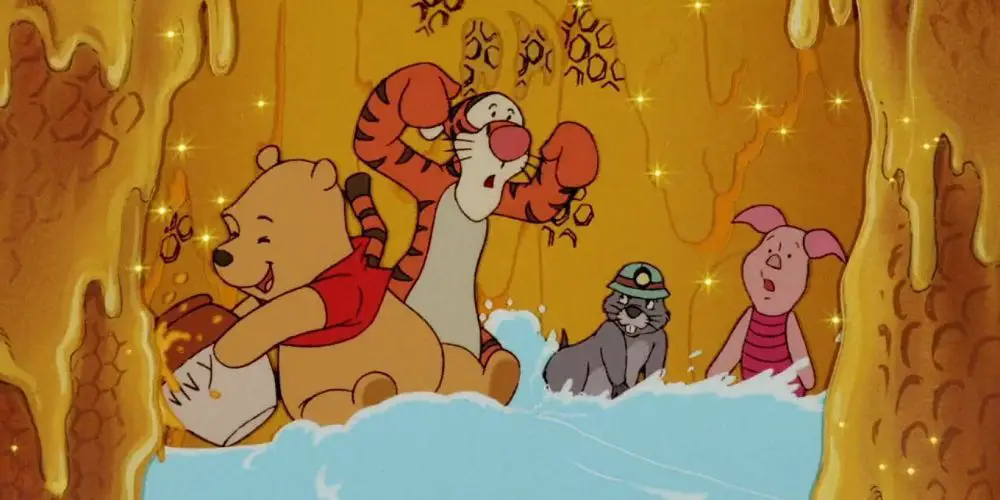 Pooh, Tigger, Piglet y Gopher recogiendo miel de un árbol melífero.