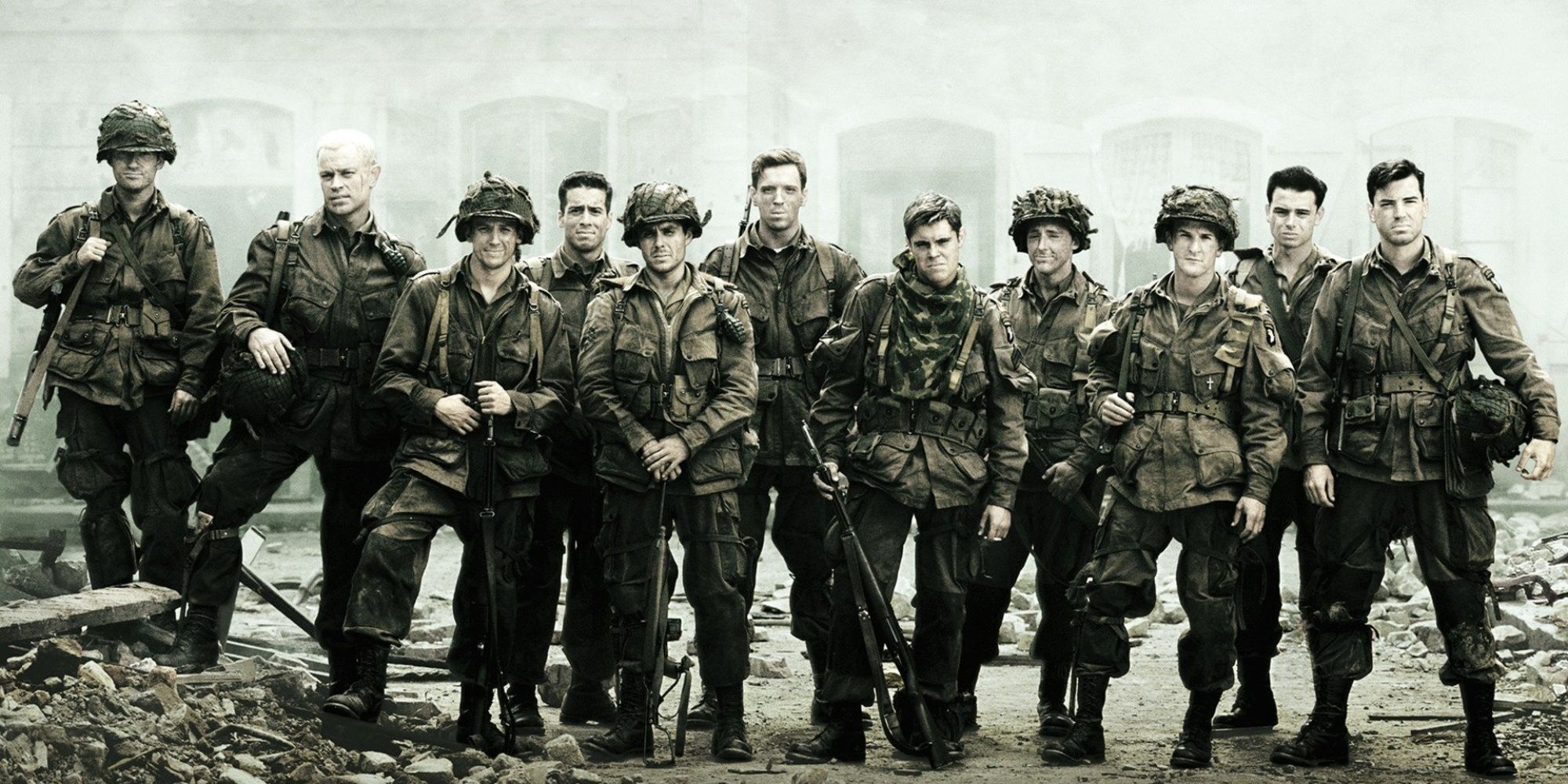 El elenco de Band of Brothers en una foto promocional de la miniserie de HBO