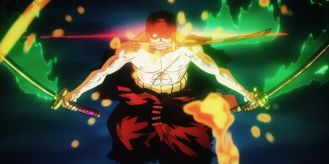 Zoro usando el estilo de tres espadas del Rey del Infierno en One Piece, Episodio 1062
