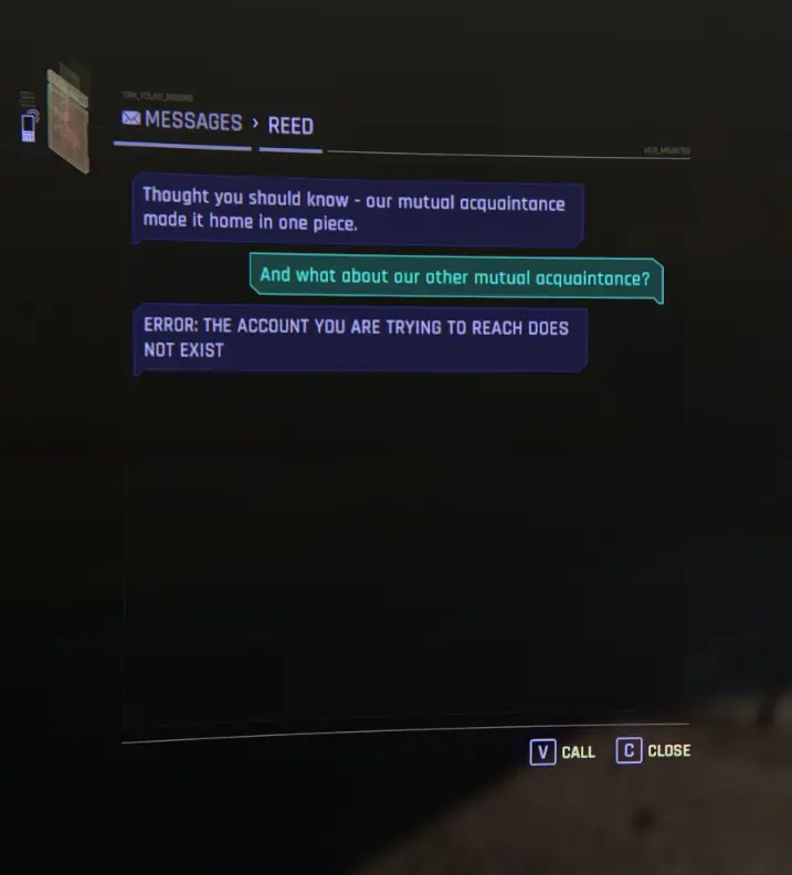 Reed, un agente de Cyberpunk 2077: Phantom Liberty, te envía un mensaje de texto antes de hacerte fantasma inmediatamente.