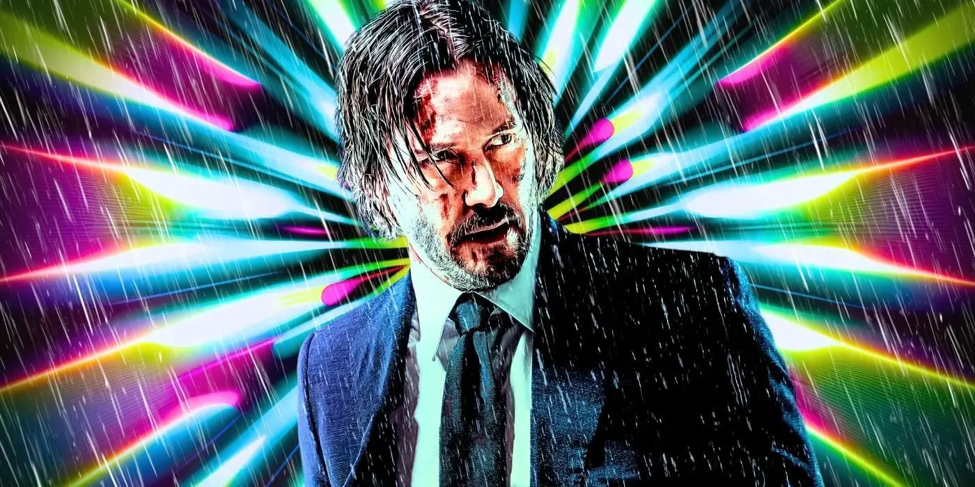 John Wick, interpretado por Keanu Reeves, está rodeado de luces en su primera película