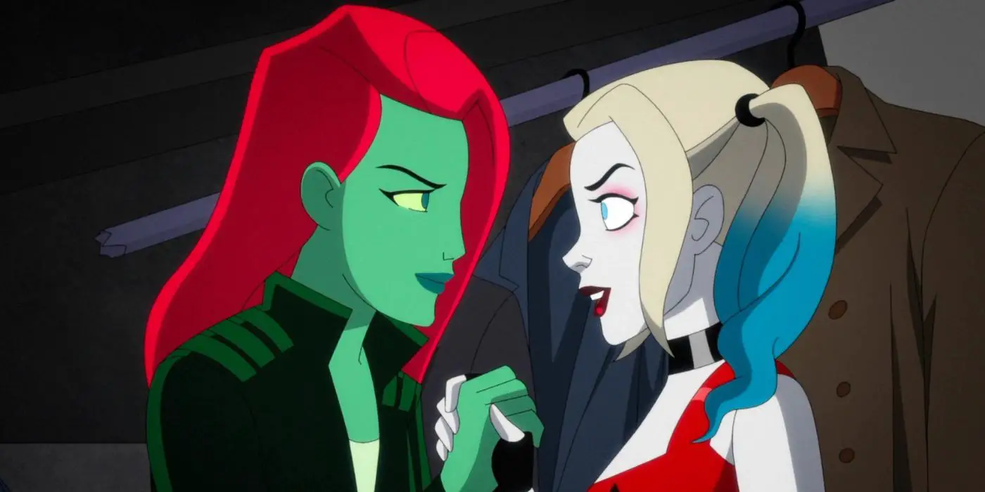 Harley y Poison Ivy tomados de la mano y mirándose con expresiones decididas en sus rostros en el final de la temporada 4 de Harley Quinn.