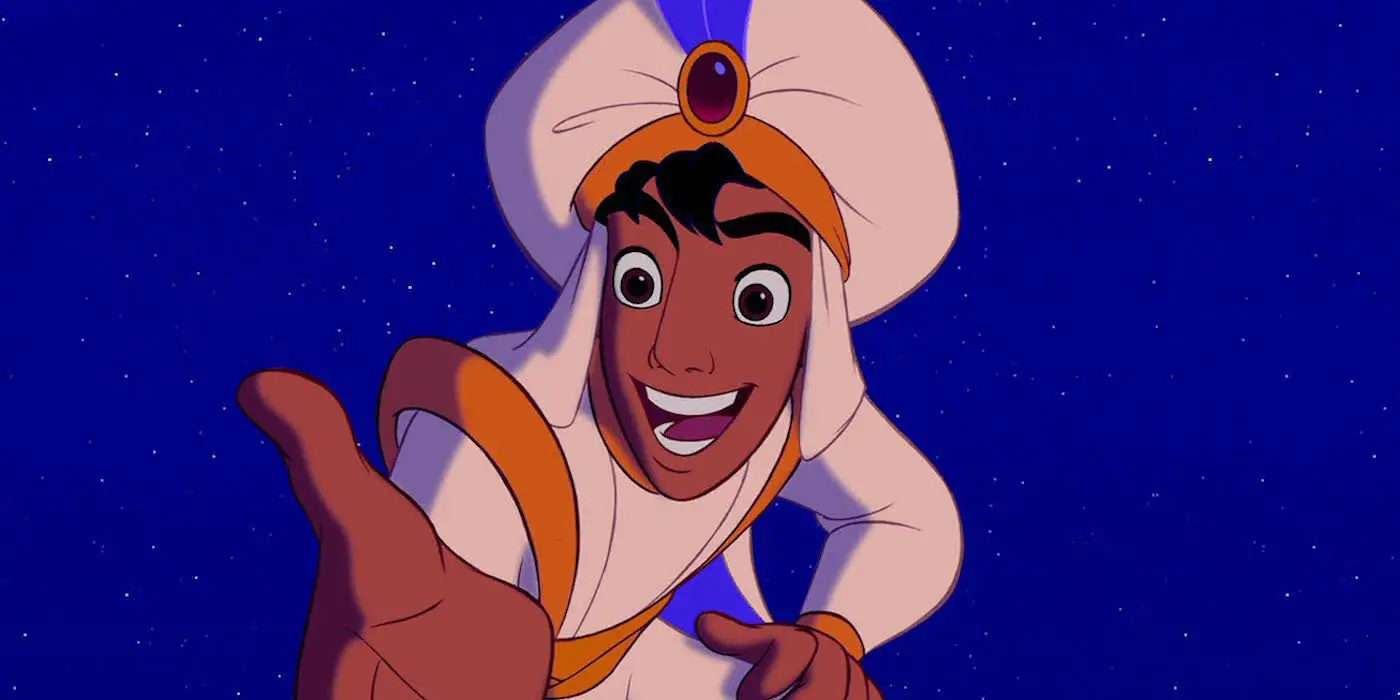 Aladdin sonriendo y ofreciendo su mano a alguien en Aladdin.