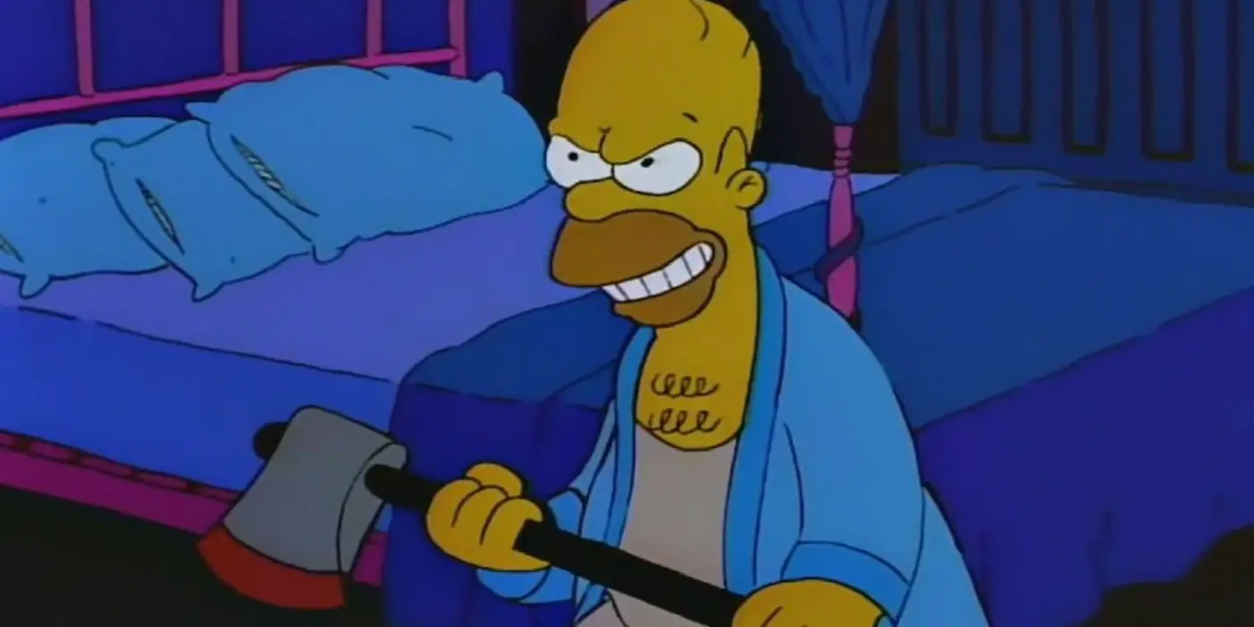 Homero sosteniendo un hacha en La brillante casa del árbol del terror V