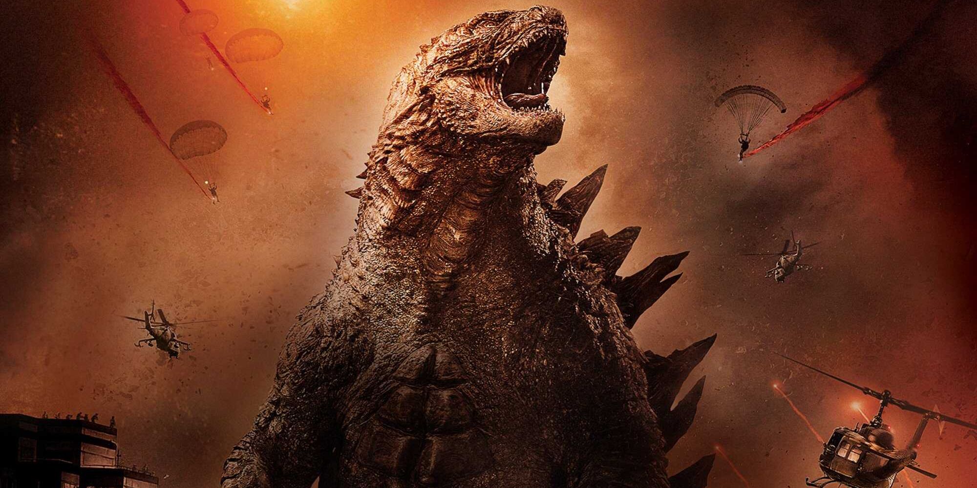 Godzilla causa estragos en un cielo enrojecido.