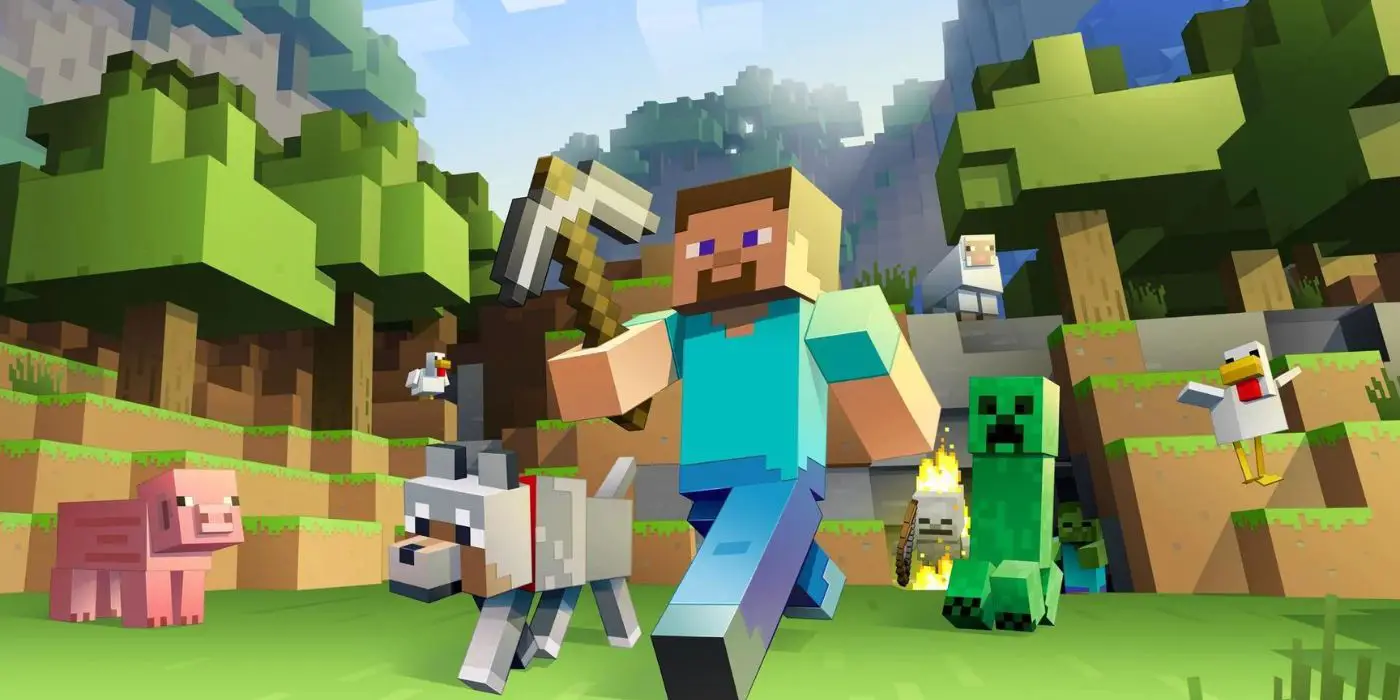 Steve de Minecraft sosteniendo un pico de hierro mientras era seguido por mobs