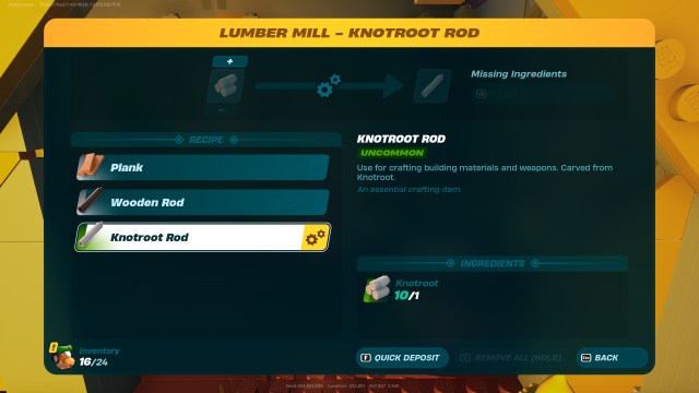 Una imagen de la interfaz de usuario de Lumber Mill, que muestra la receta de Knotroot Rods