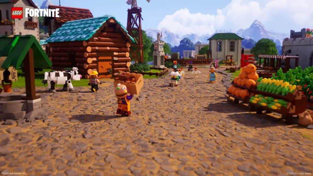 Arte de portada que presenta una aldea en el nuevo modo de juego LEGO Fortnite.