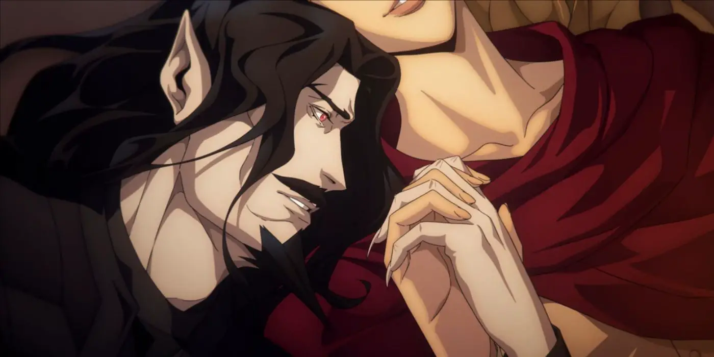 Drácula, con la voz de Graham McTavish, inclinando su cabeza cerca de la de Lisa, con la voz de Emily Swallow, con las manos entrelazadas entre ellos en Castlevania.