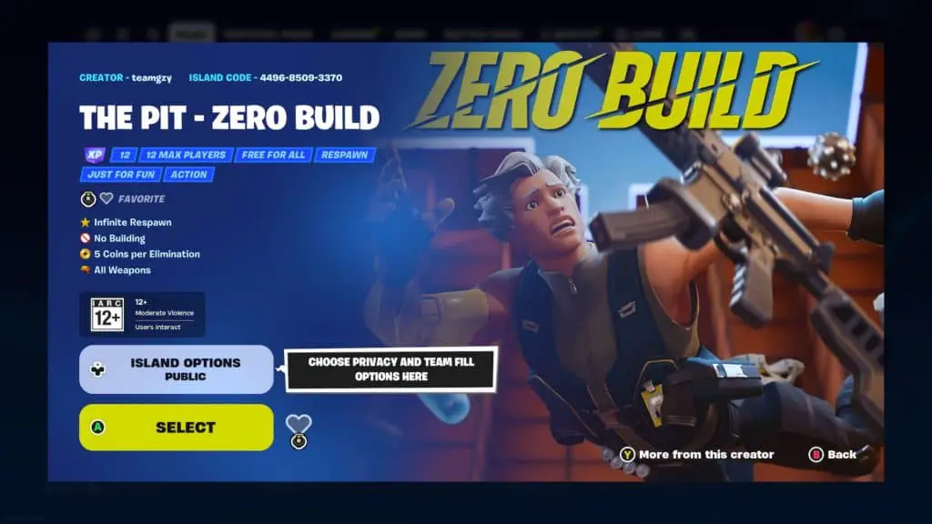 Una captura de pantalla que muestra el modo de juego de armas The Pit - Zero Build en Fortnite.