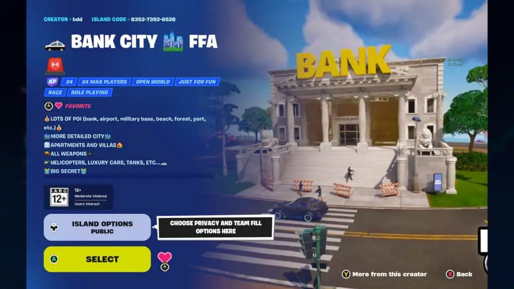 Una captura de pantalla que muestra el modo de juego de armas Bank City en Fortnite.