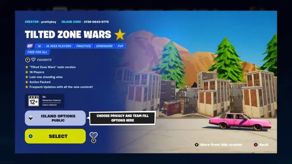 Una captura de pantalla que muestra el modo de juego de armas Tilted Zone Wars en Fortnite.