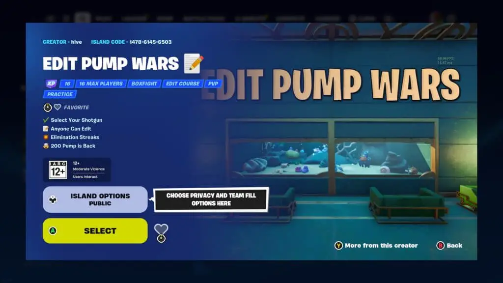 Una captura de pantalla que muestra el modo de juego de armas Editar Pump Wars en Fortnite.