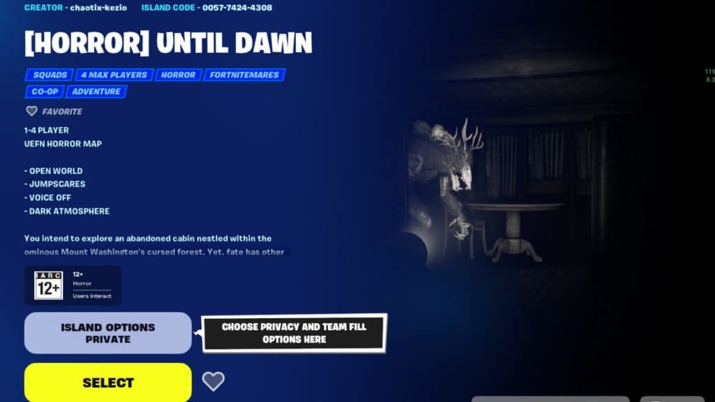 Una captura de pantalla que muestra la sala de escape Hasta el amanecer en Fortnite.