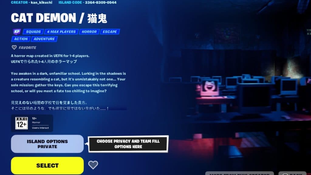 Una captura de pantalla que muestra la sala de escape Cat Demon en Fortnite.