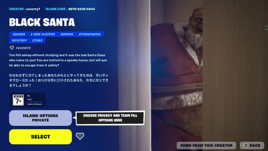 Una captura de pantalla que muestra la sala de escape de Black Santa en Fortnite.