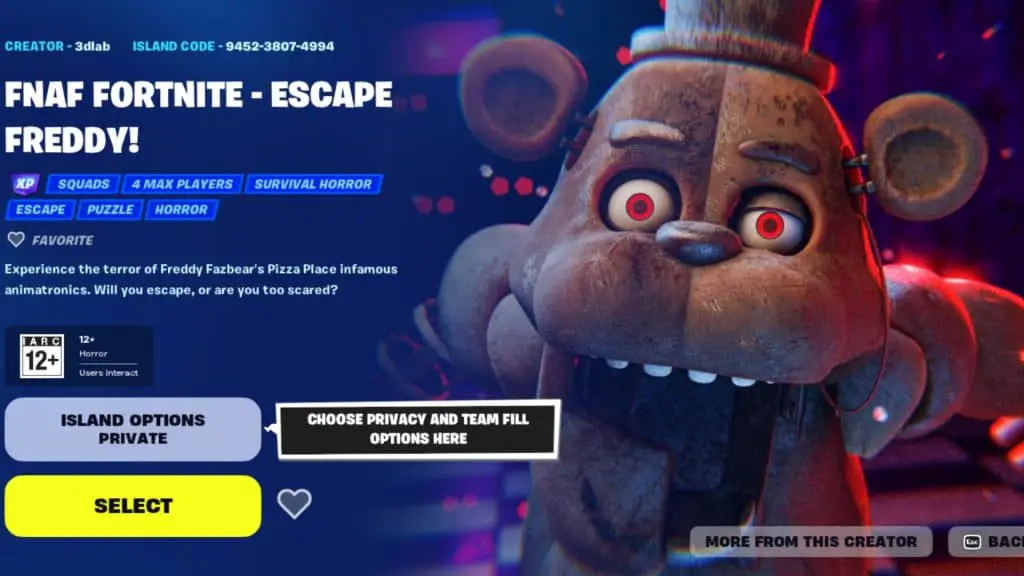 Una captura de pantalla que muestra la sala de escape FNAF Fortnite - Escape Freddy en Fortnite.