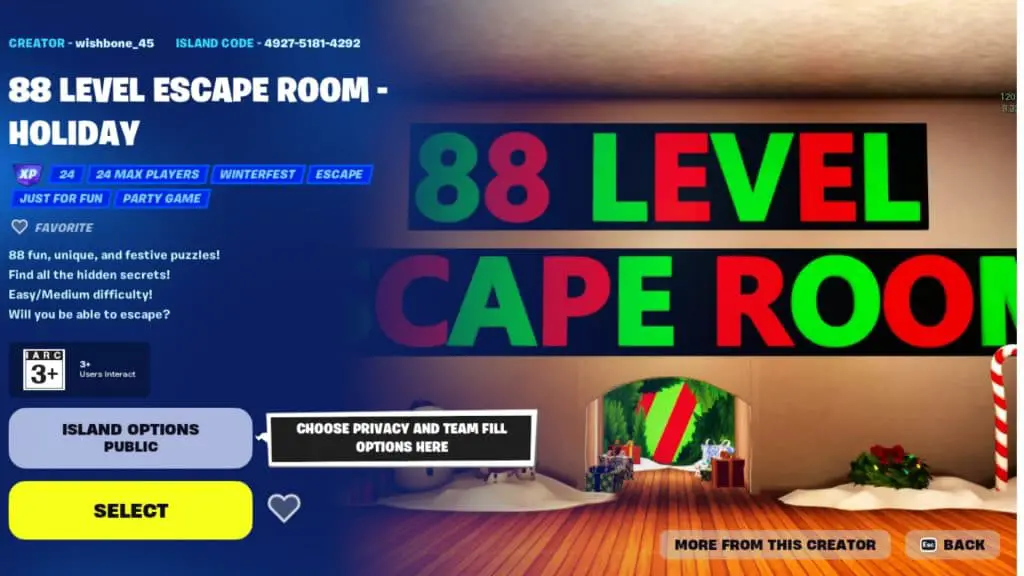 Una captura de pantalla que muestra el 88 Escape Room - Escape room navideño en Fortnite.
