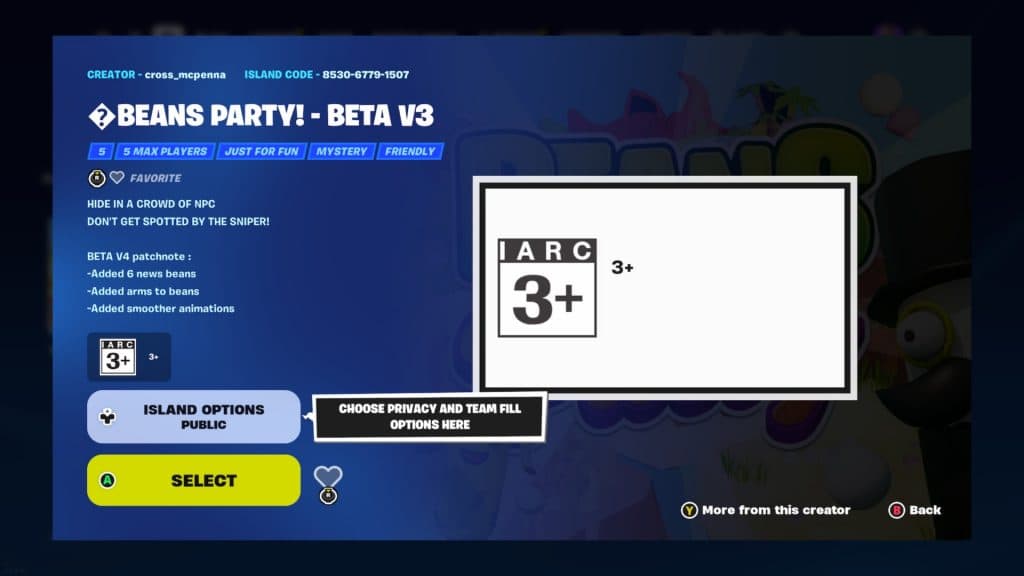 Una captura de pantalla que muestra el mapa del escondite de Beans Party en Fortnite.