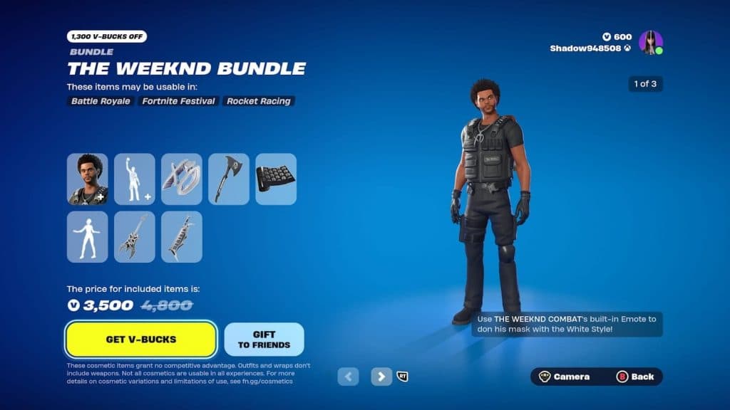 Captura de pantalla del juego que muestra la página del paquete Weeknd en la tienda de artículos de Fortnite.