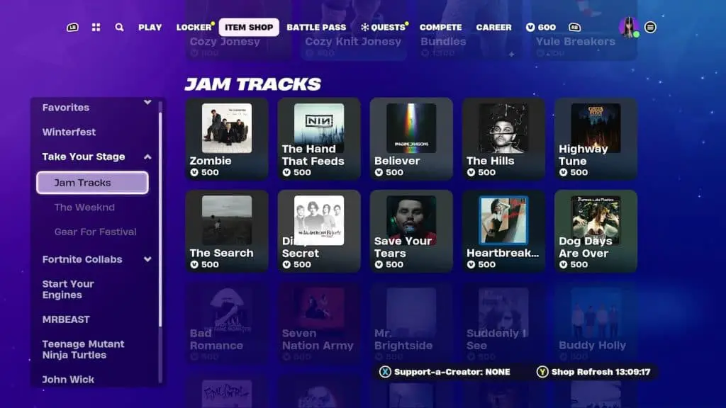 Captura de pantalla del juego que muestra la página Jam Tracks en la tienda de artículos de Fortnite.