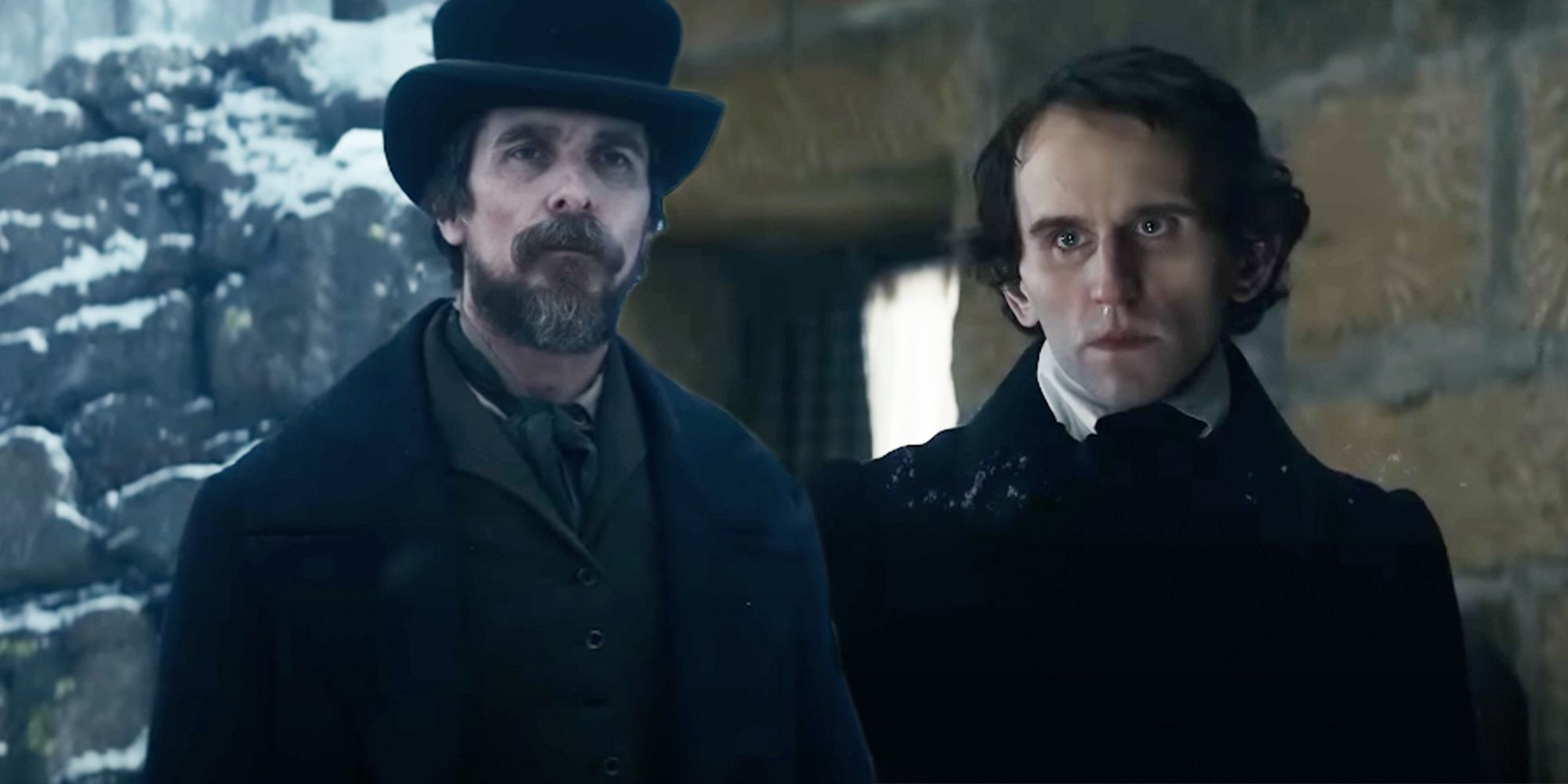 Christian Bale como Augustus Landor y Harry Melling como Edgar Allan Poe en El ojo azul pálido