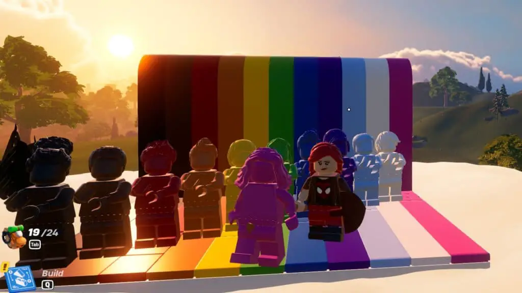 Una captura de pantalla de personajes de LEGO bailando juntos al final de un arcoíris.